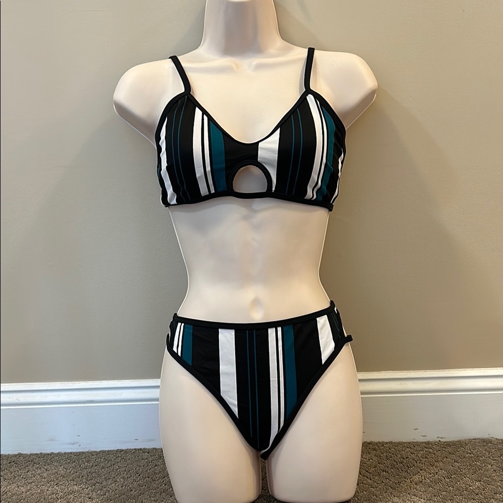 CupShe Striped Black Blue and White Bikini Set Size M